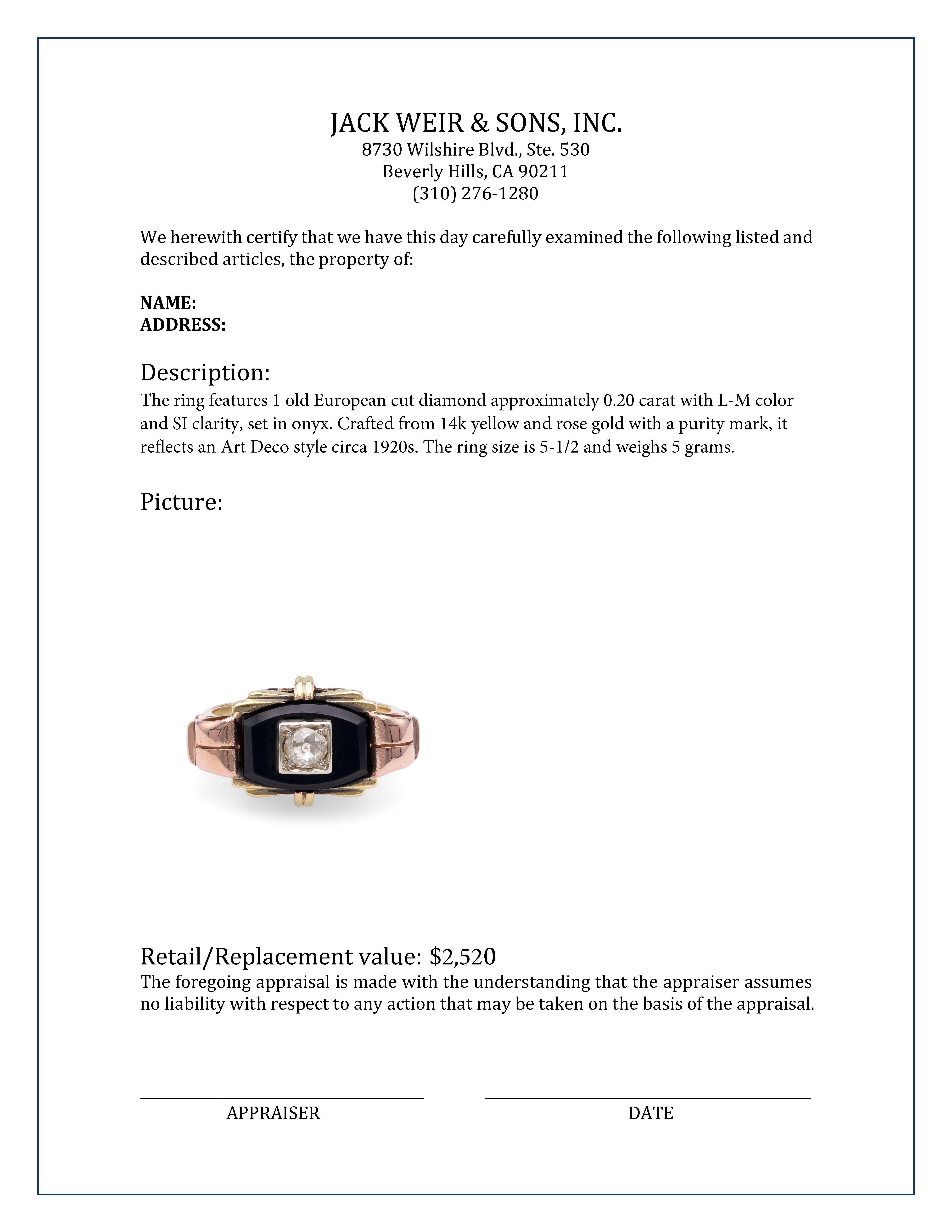 Women's or Men's Art Deco Diamond Onyx Gold Ring For Sale