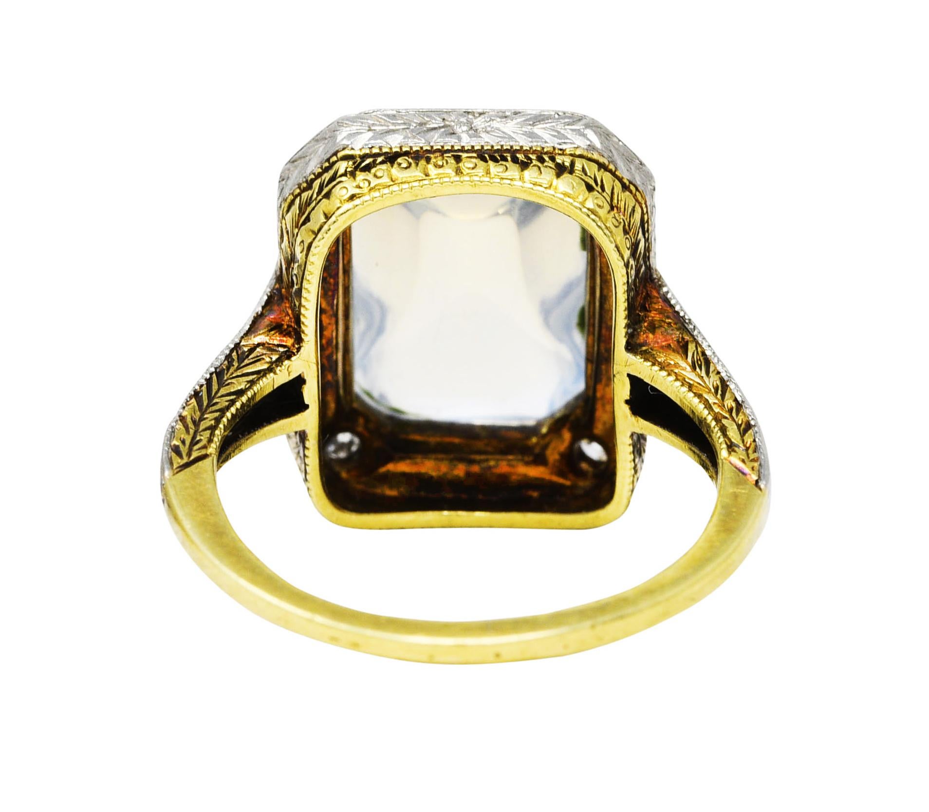 Sugarloaf Cabochon Art Deco Diamond Onyx Moonstone Platinum-Topped 18 Karat Yellow Gold Wheat Ring