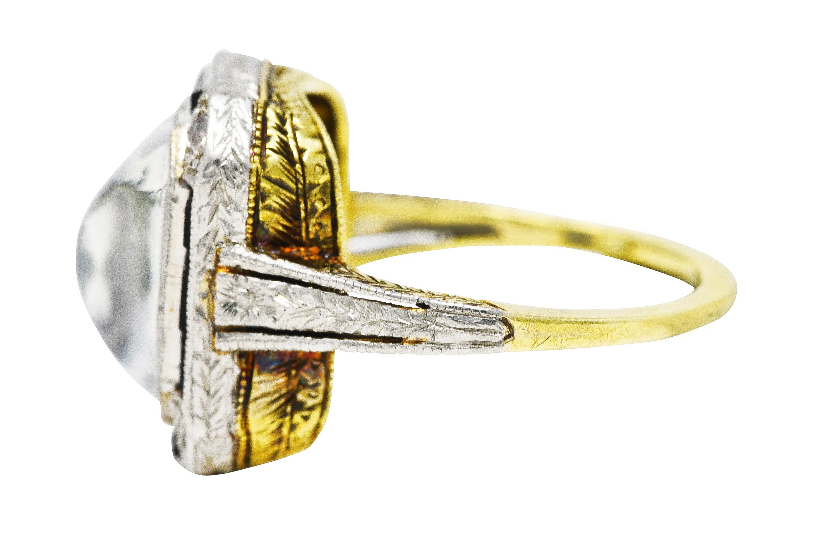 Art Deco Diamond Onyx Moonstone Platinum-Topped 18 Karat Yellow Gold Wheat Ring In Excellent Condition In Philadelphia, PA
