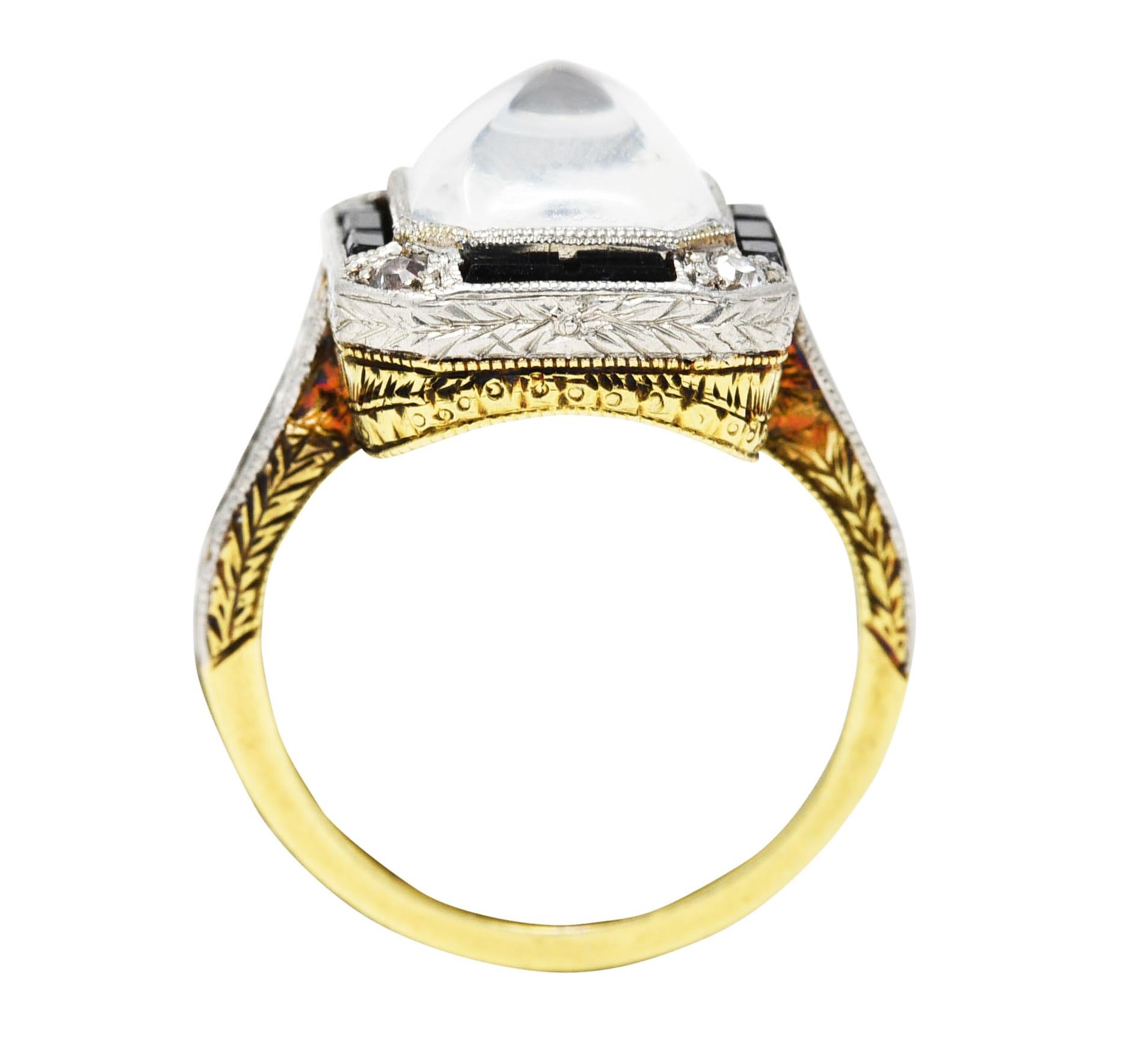 Art Deco Diamond Onyx Moonstone Platinum-Topped 18 Karat Yellow Gold Wheat Ring 1