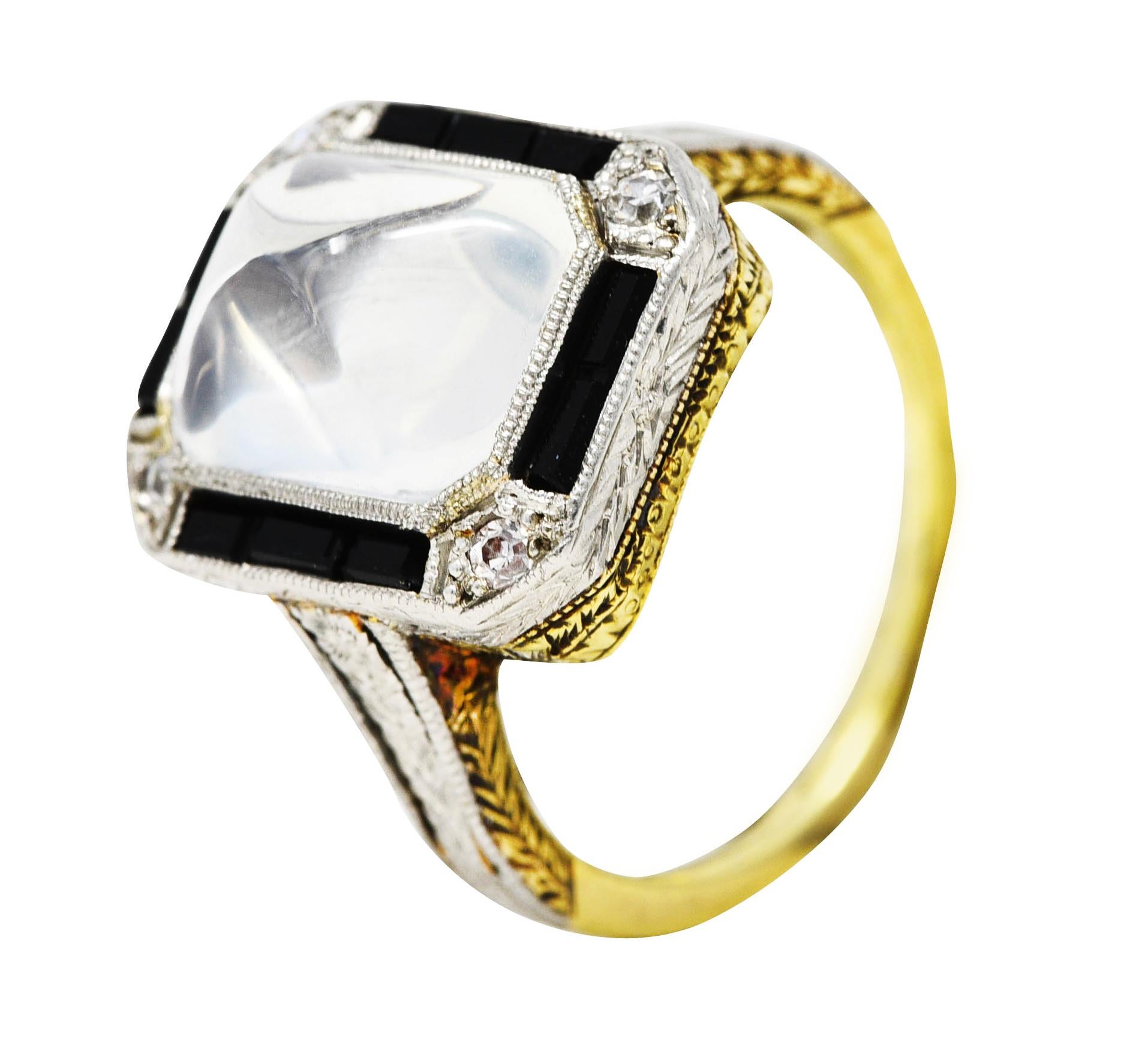 Art Deco Diamond Onyx Moonstone Platinum-Topped 18 Karat Yellow Gold Wheat Ring 2