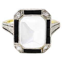 Art Deco Diamond Onyx Moonstone Platinum-Topped 18 Karat Yellow Gold Wheat Ring