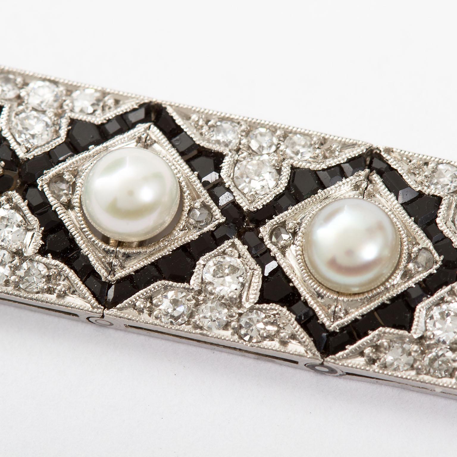 Bracelet Art déco en diamants, onyx et perles Excellent état - En vente à Lakewood, NJ