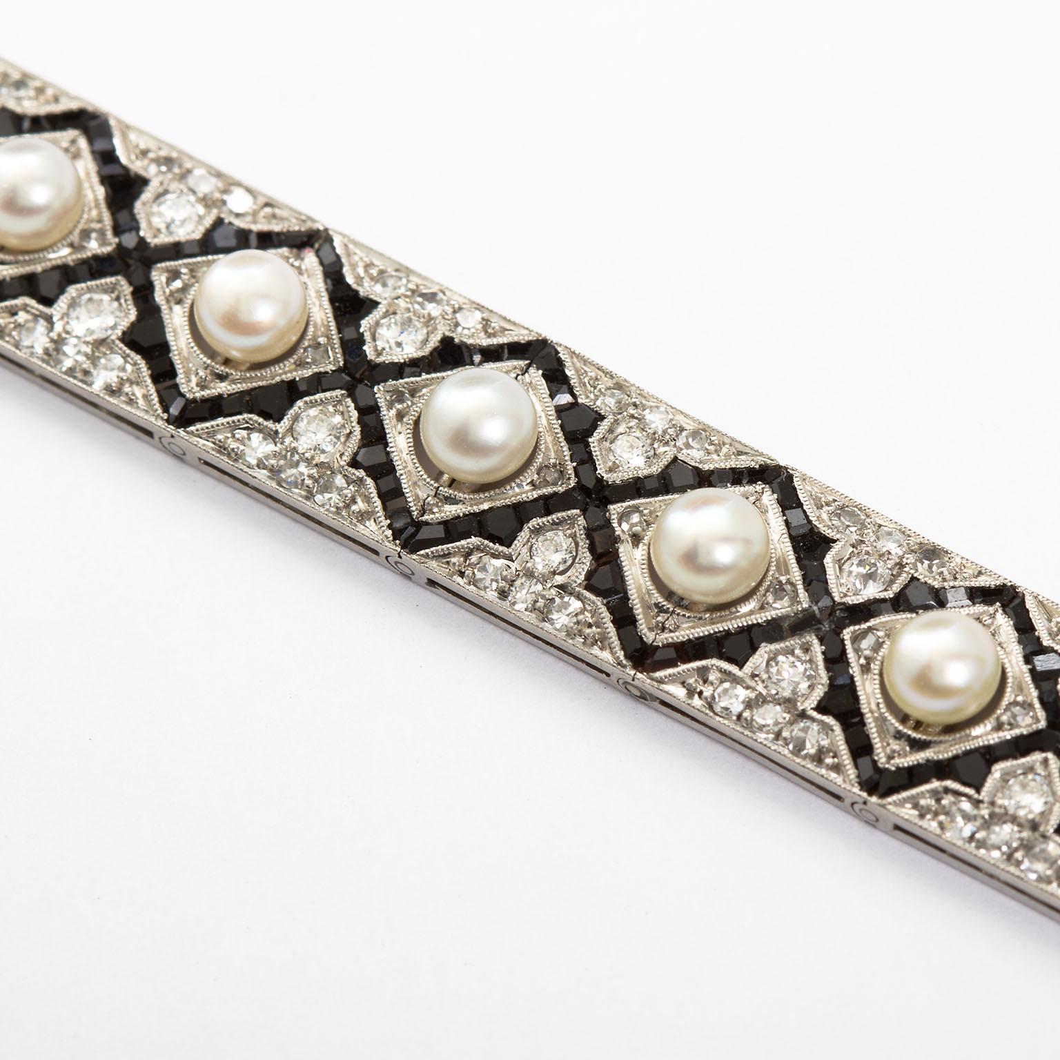 Women's Art Deco Diamond Onyx Pearl Bracelet For Sale