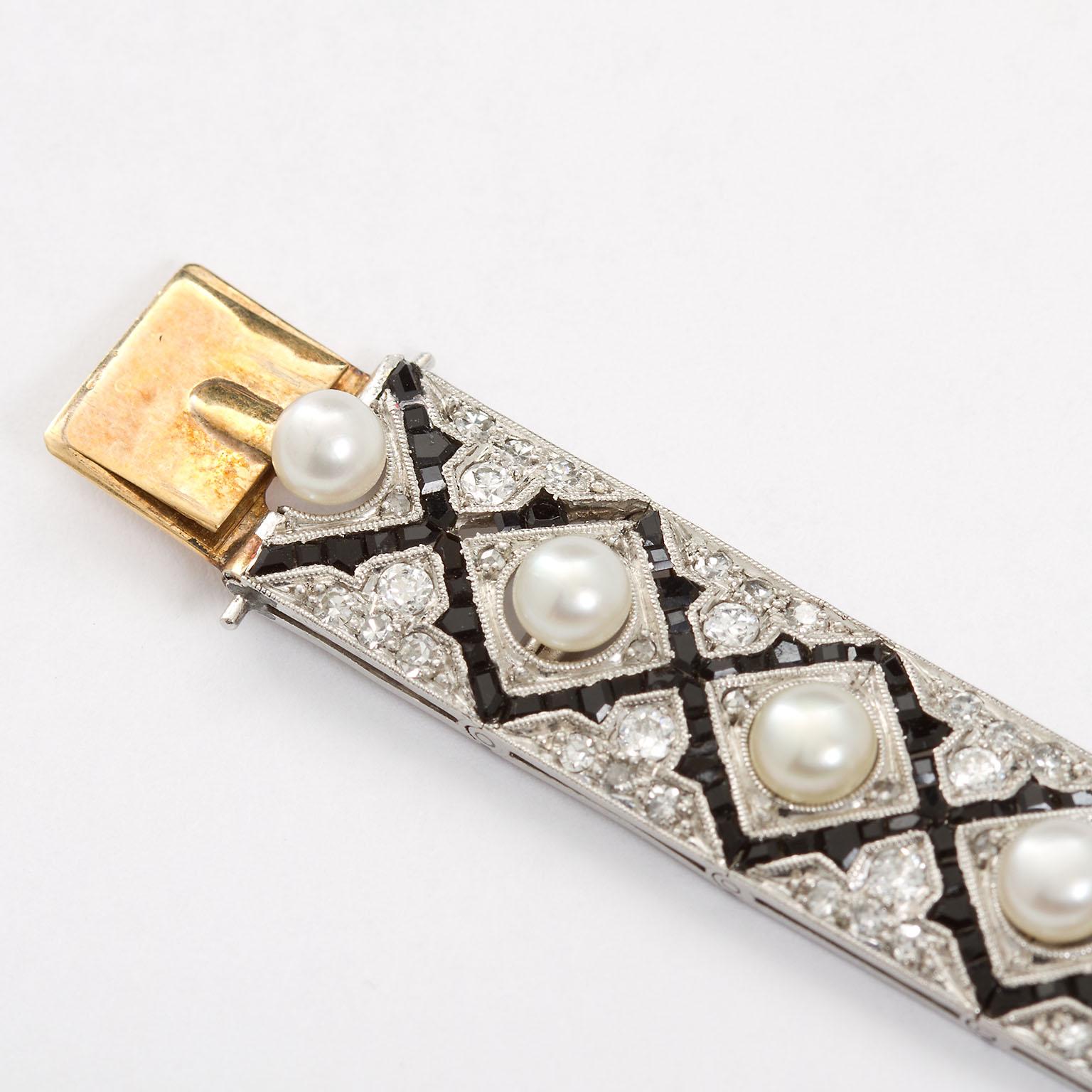 Art Deco Diamond Onyx Pearl Bracelet For Sale 1