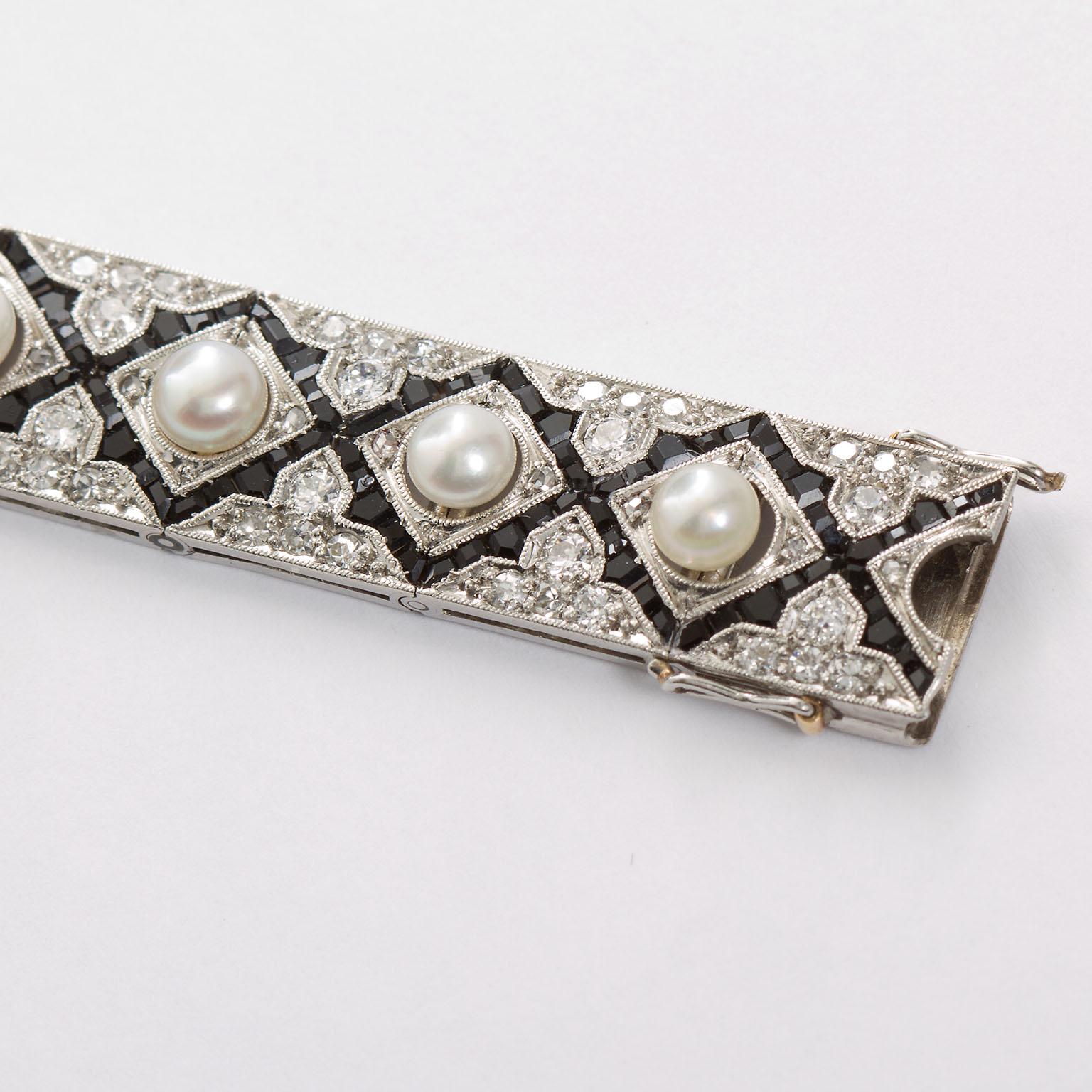 Art Deco Diamond Onyx Pearl Bracelet For Sale 2