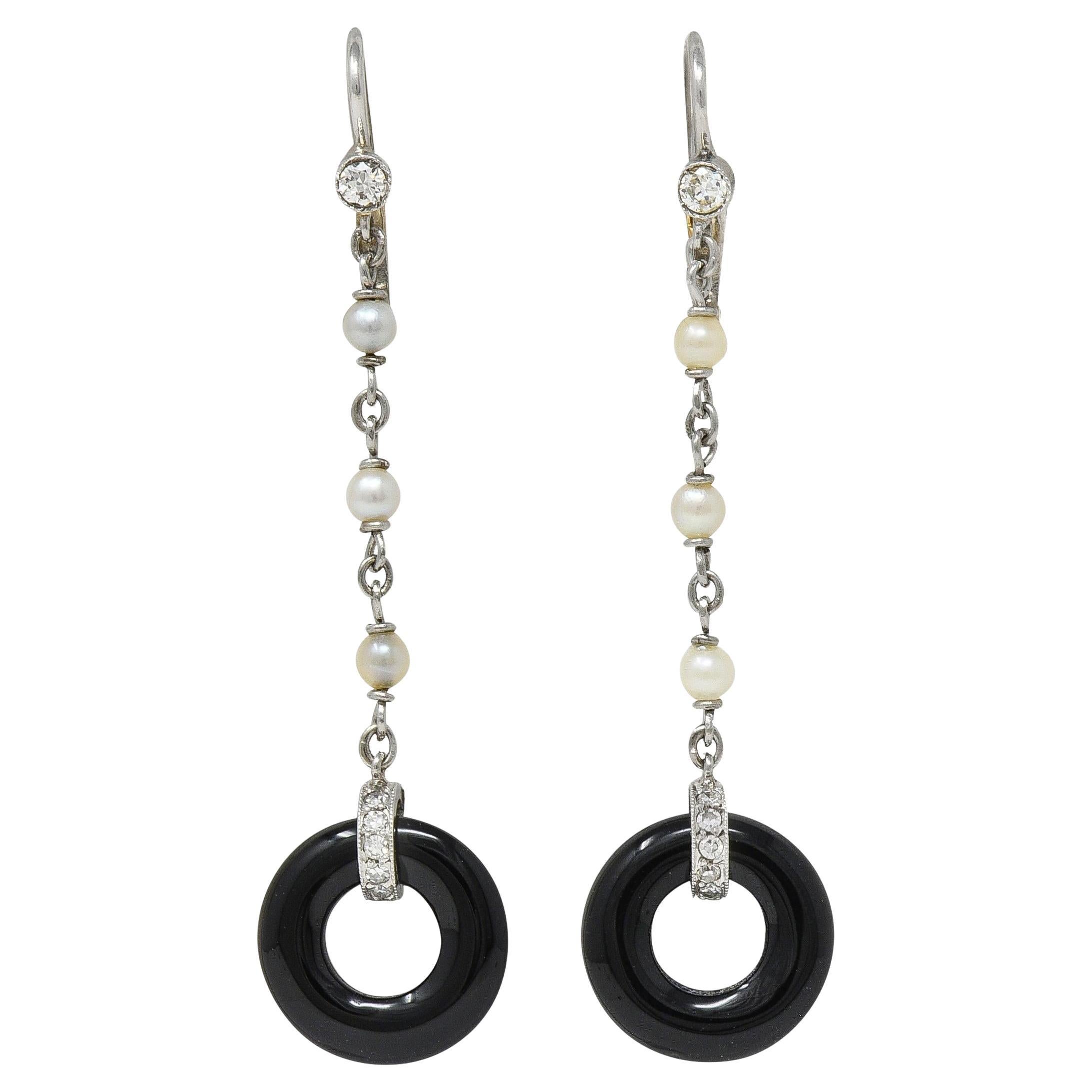 Art Deco Diamant Onyx Perle Platin 18 Karat Gold Antike Tropfen Ohrringe
