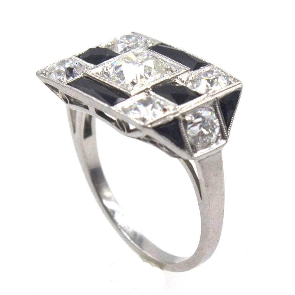 Old Mine Cut Art Deco Original Diamond Onyx Platinum Cocktail Ring