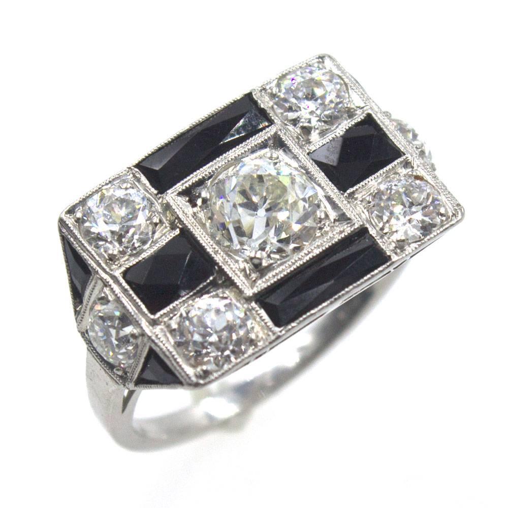 Art Deco Original Diamond Onyx Platinum Cocktail Ring