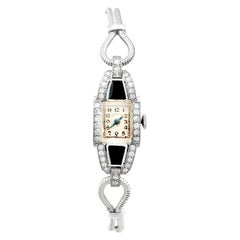 Vintage Art Deco Diamond Onyx Platinum Cocktail Watch by Hamilton