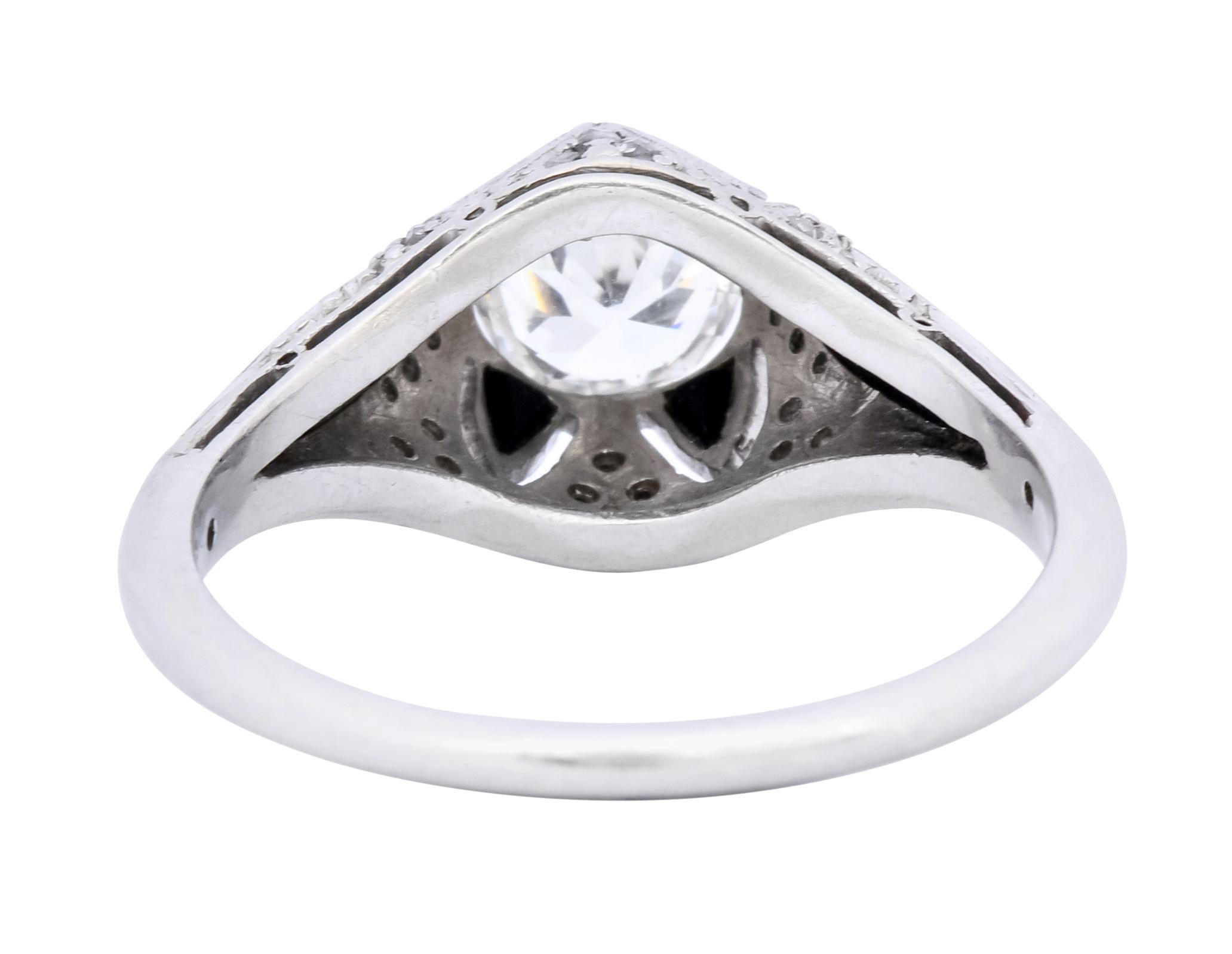 Art Deco Diamond Onyx Platinum Engagement Ring In Excellent Condition In Philadelphia, PA
