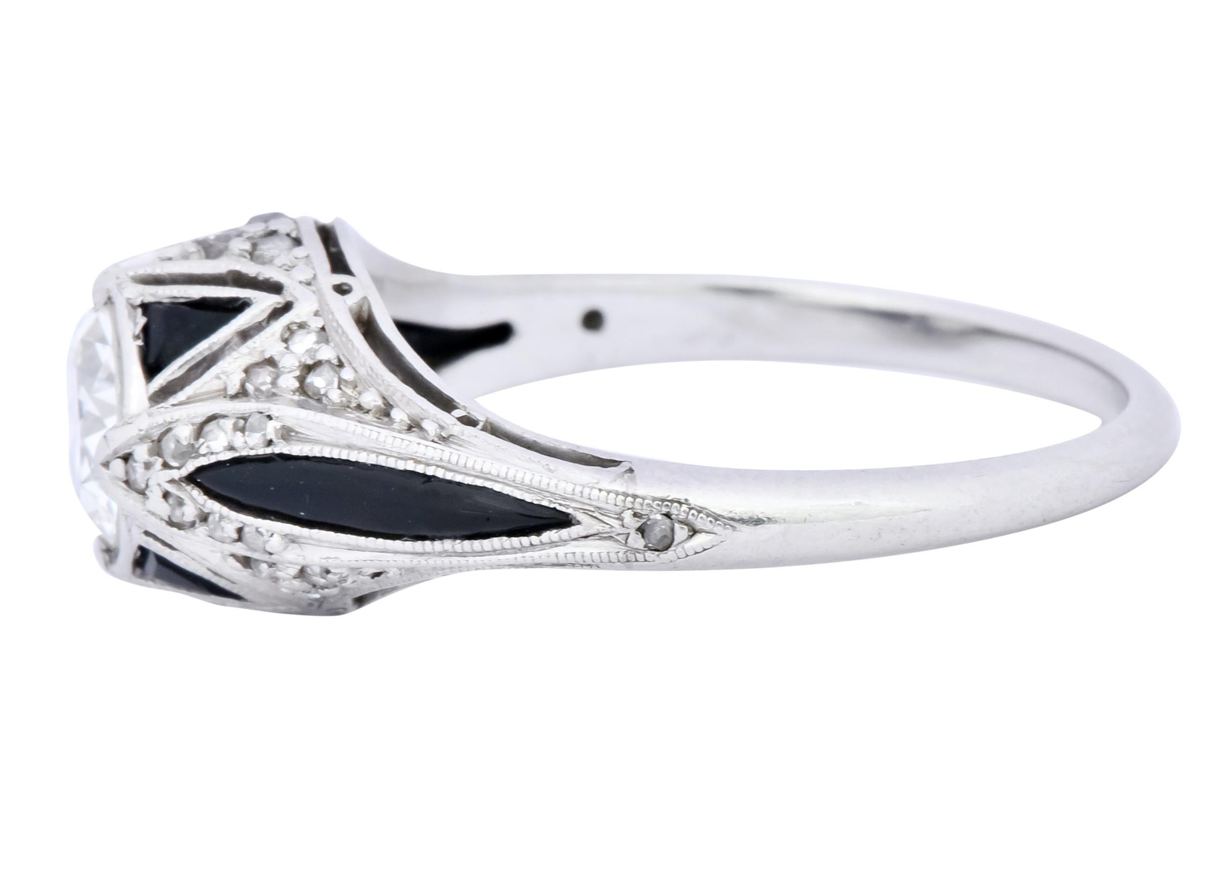 Women's or Men's Art Deco Diamond Onyx Platinum Engagement Ring