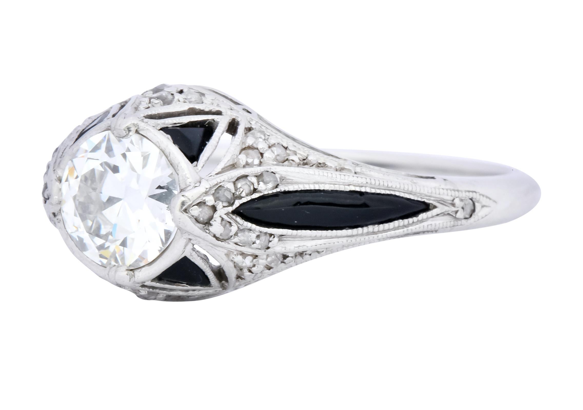 Art Deco Diamond Onyx Platinum Engagement Ring 1