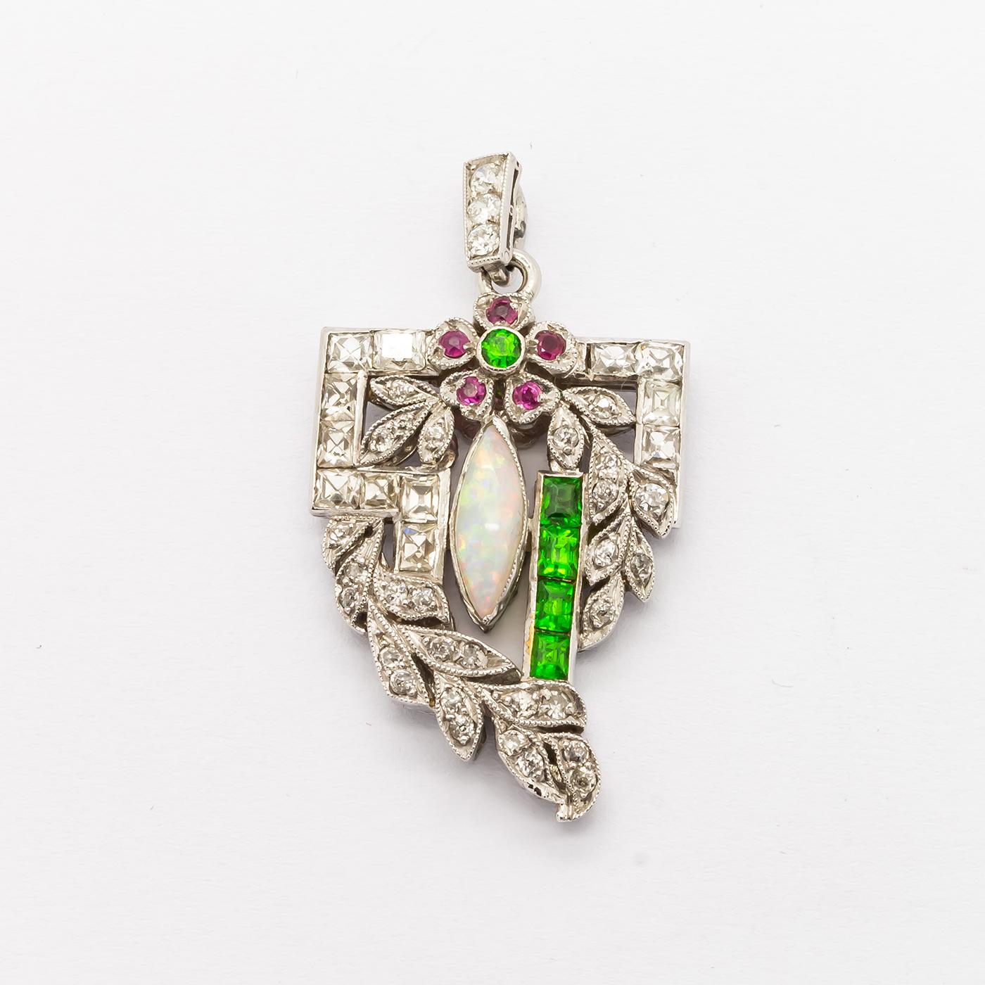 Women's Art Deco Diamond, Opal and Green Garnet Pendant