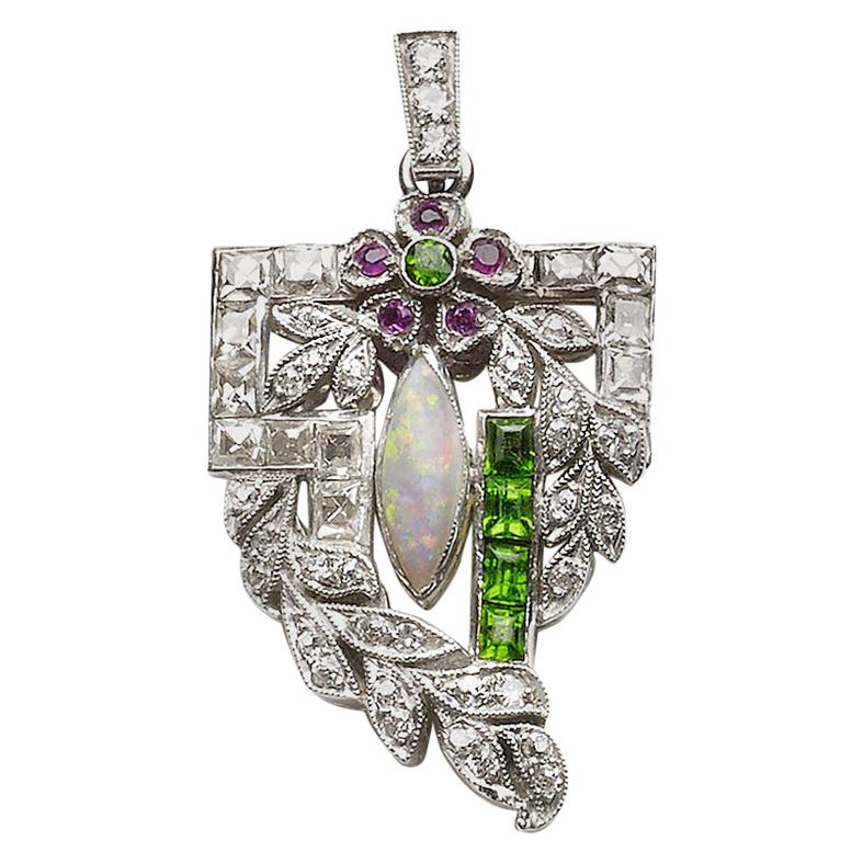 Art Deco Diamond, Opal and Green Garnet Pendant