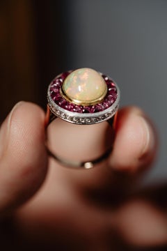 Art Deco Diamond Opal Halo Ring, Solid 14k Gold Ethiopian White Opal Target Ring