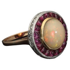 Retro Art Deco Diamond Opal Halo Ring, Solid 14k Gold Ethiopian White Opal Target Ring