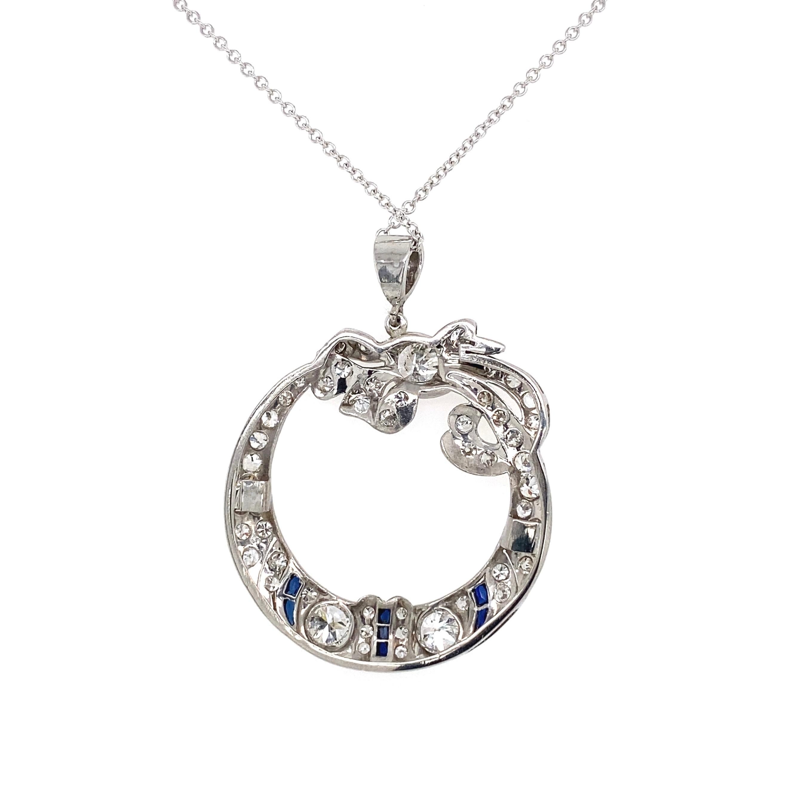 Mixed Cut Art Deco Diamond Open Circle Diamond Bow Pendant Necklace Estate Fine Jewelry For Sale