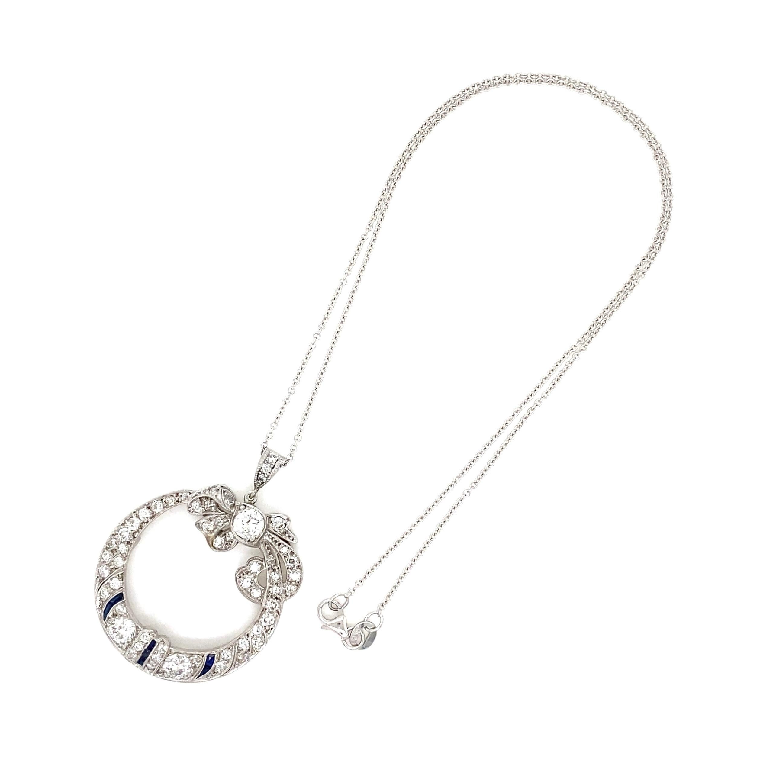 Art Deco Diamond Open Circle Diamond Bow Pendant Necklace Estate Fine Jewelry In Excellent Condition For Sale In Montreal, QC