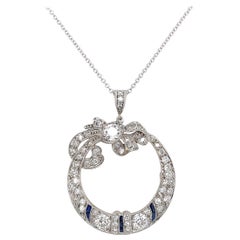 Art Deco Diamond Open Circle Diamond Bow Pendant Necklace Estate Fine Jewelry