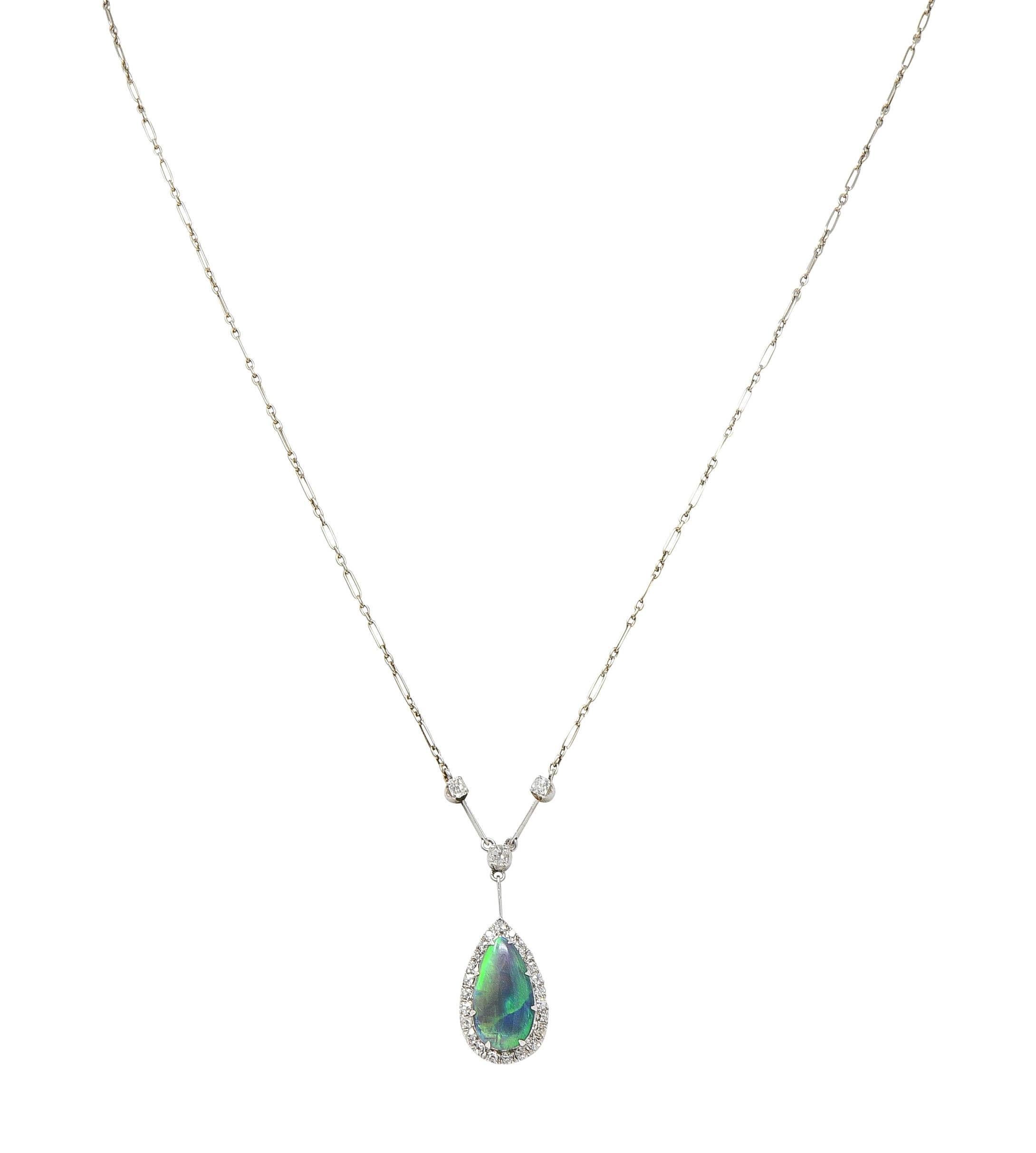Art Deco Diamond Pear Shaped Black Opal Platinum Vintage Drop Necklace For Sale 5