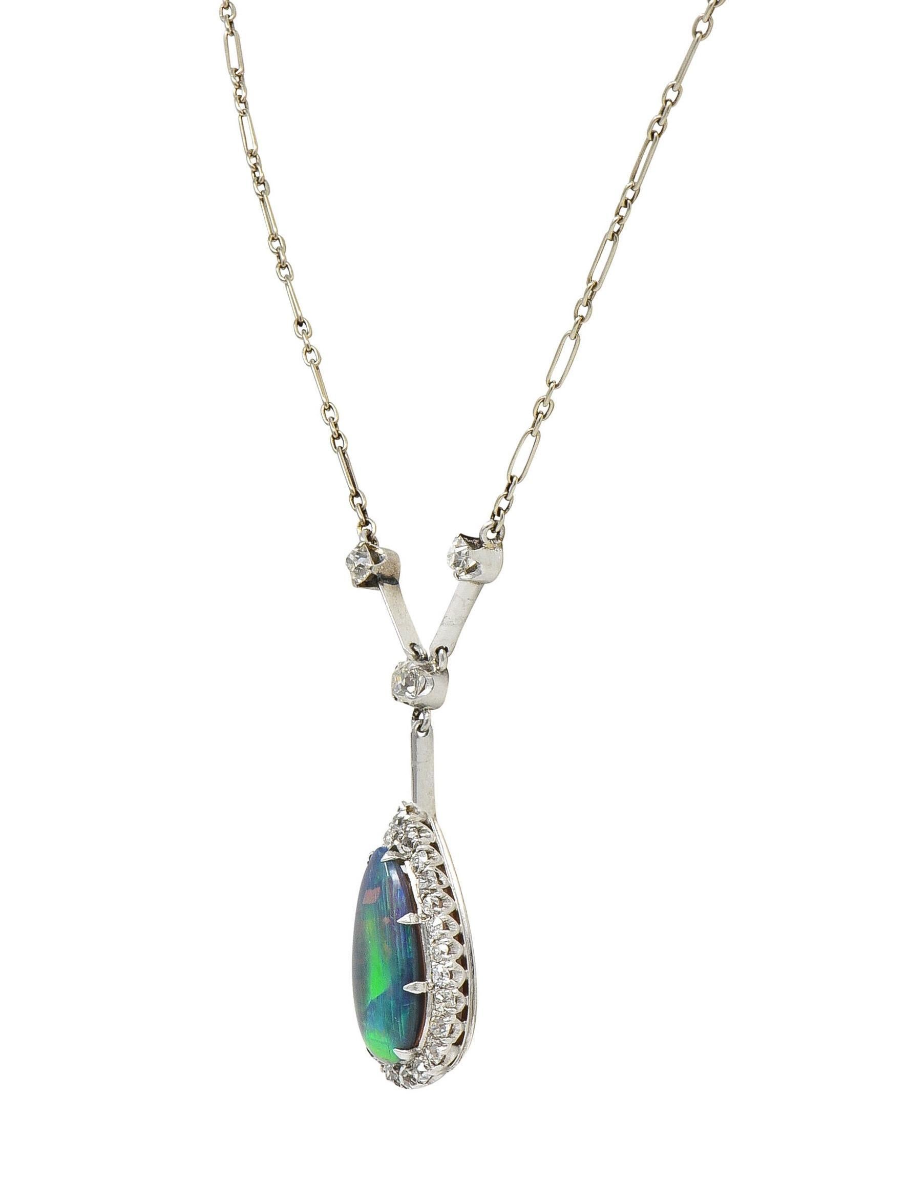 Cabochon Art Deco Diamond Pear Shaped Black Opal Platinum Vintage Drop Necklace For Sale