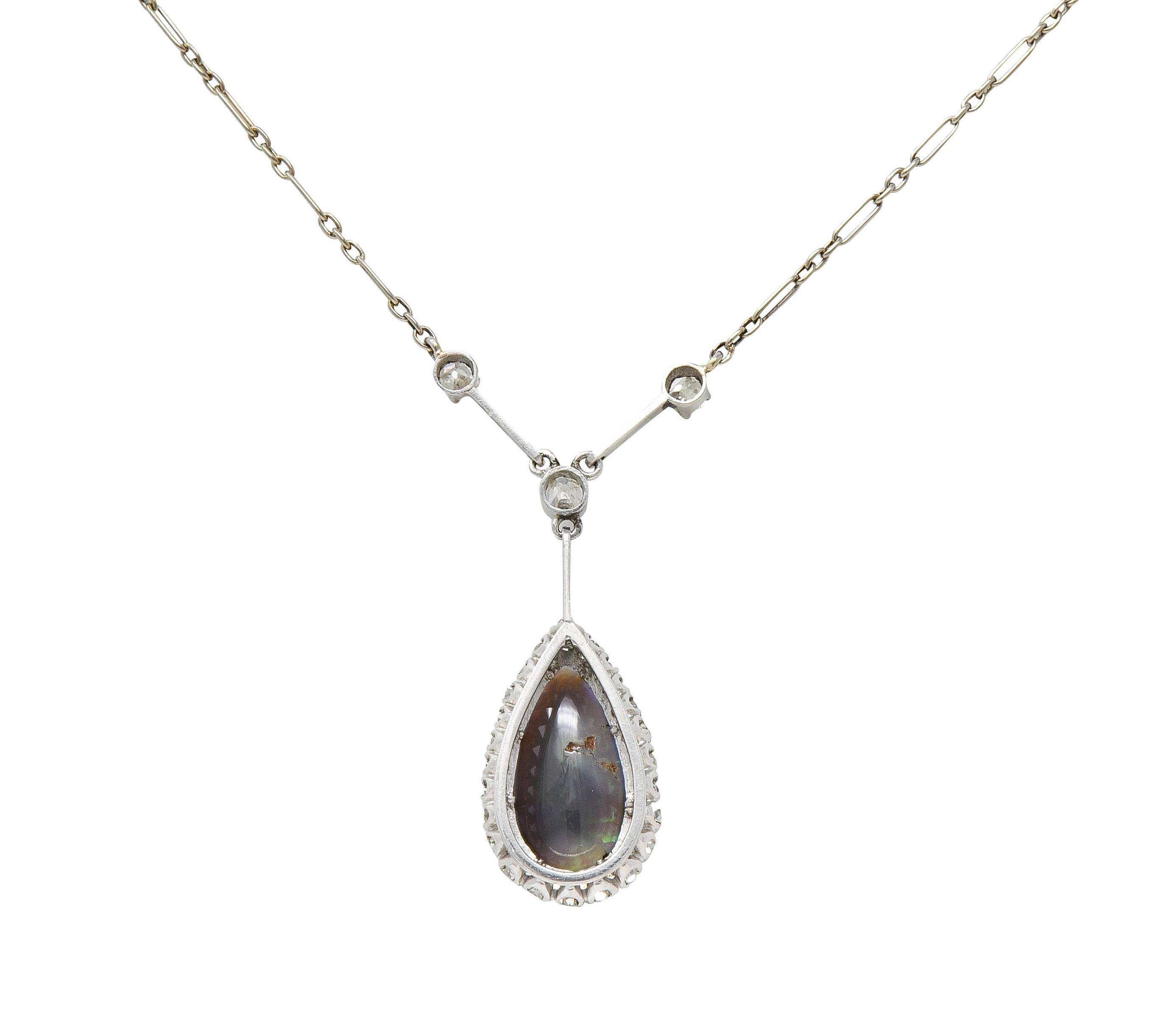 Art Deco Diamond Pear Shaped Black Opal Platinum Vintage Drop Necklace In Excellent Condition For Sale In Philadelphia, PA