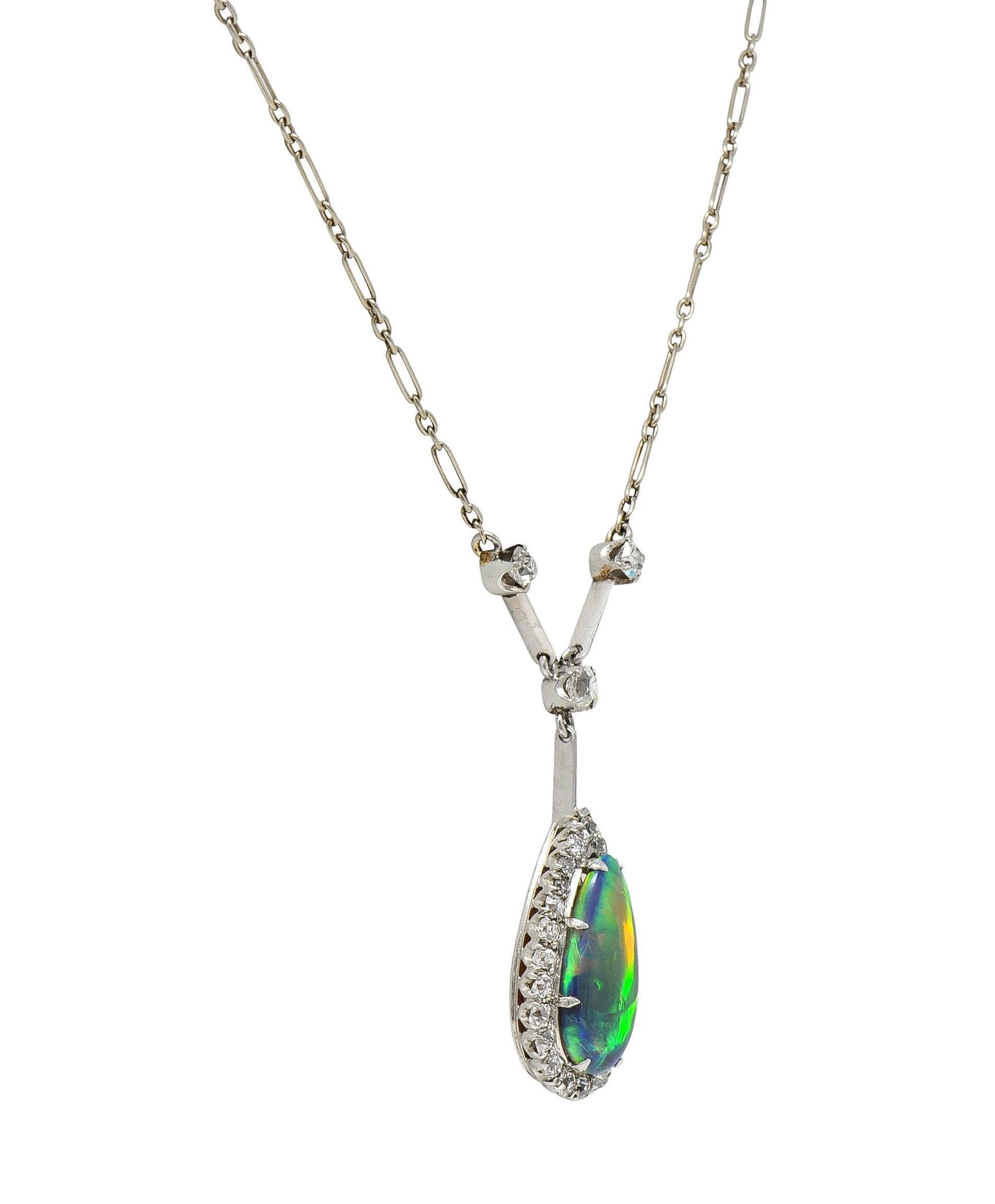 Women's or Men's Art Deco Diamond Pear Shaped Black Opal Platinum Vintage Drop Necklace For Sale