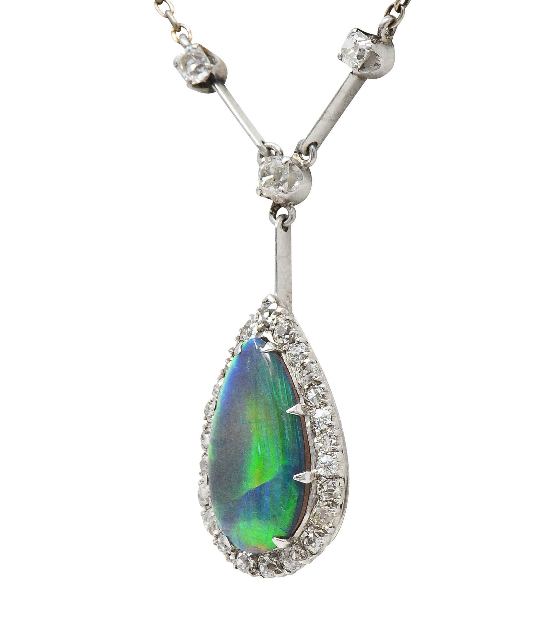 Art Deco Diamond Pear Shaped Black Opal Platinum Vintage Drop Necklace For Sale 1