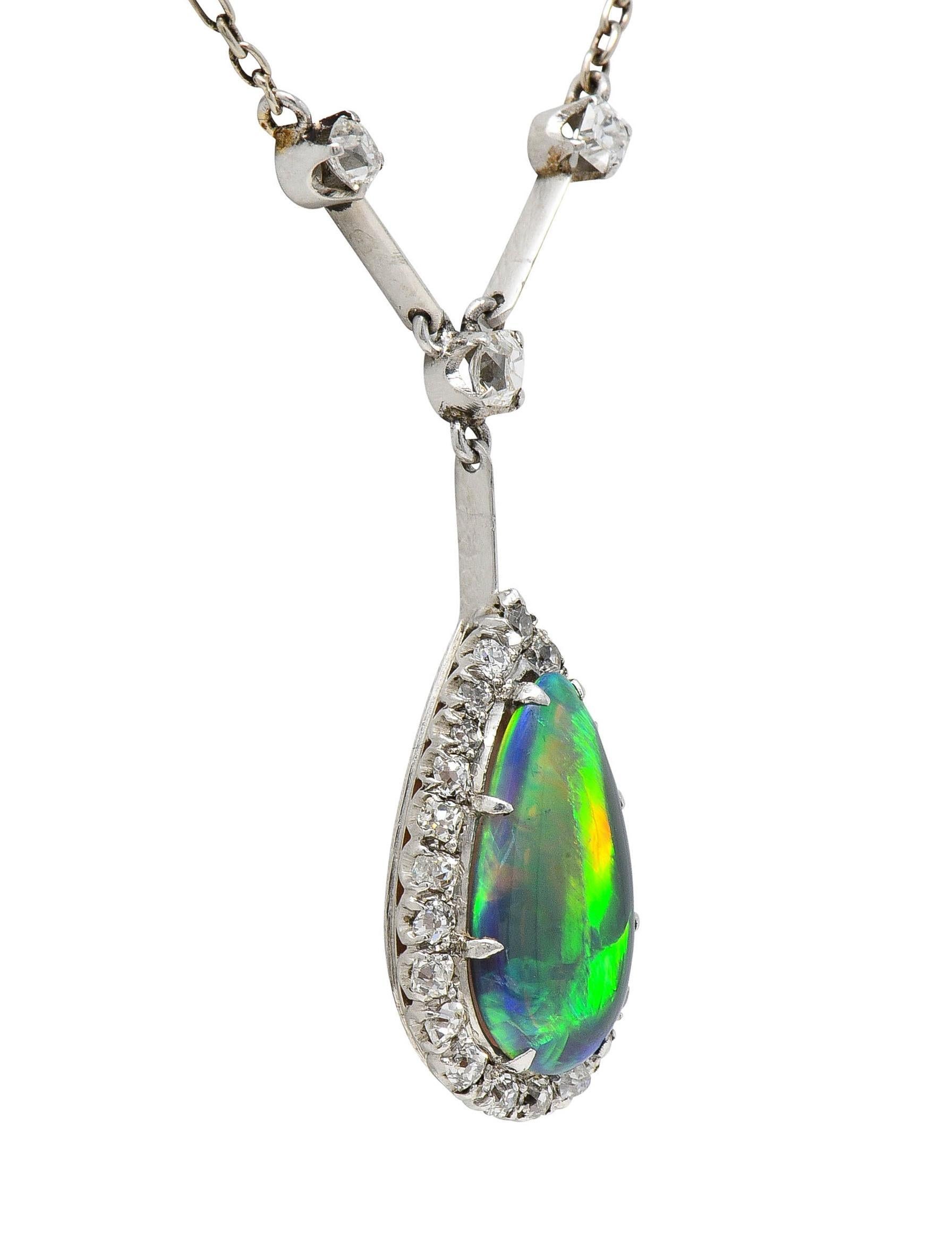 Art Deco Diamond Pear Shaped Black Opal Platinum Vintage Drop Necklace For Sale 2