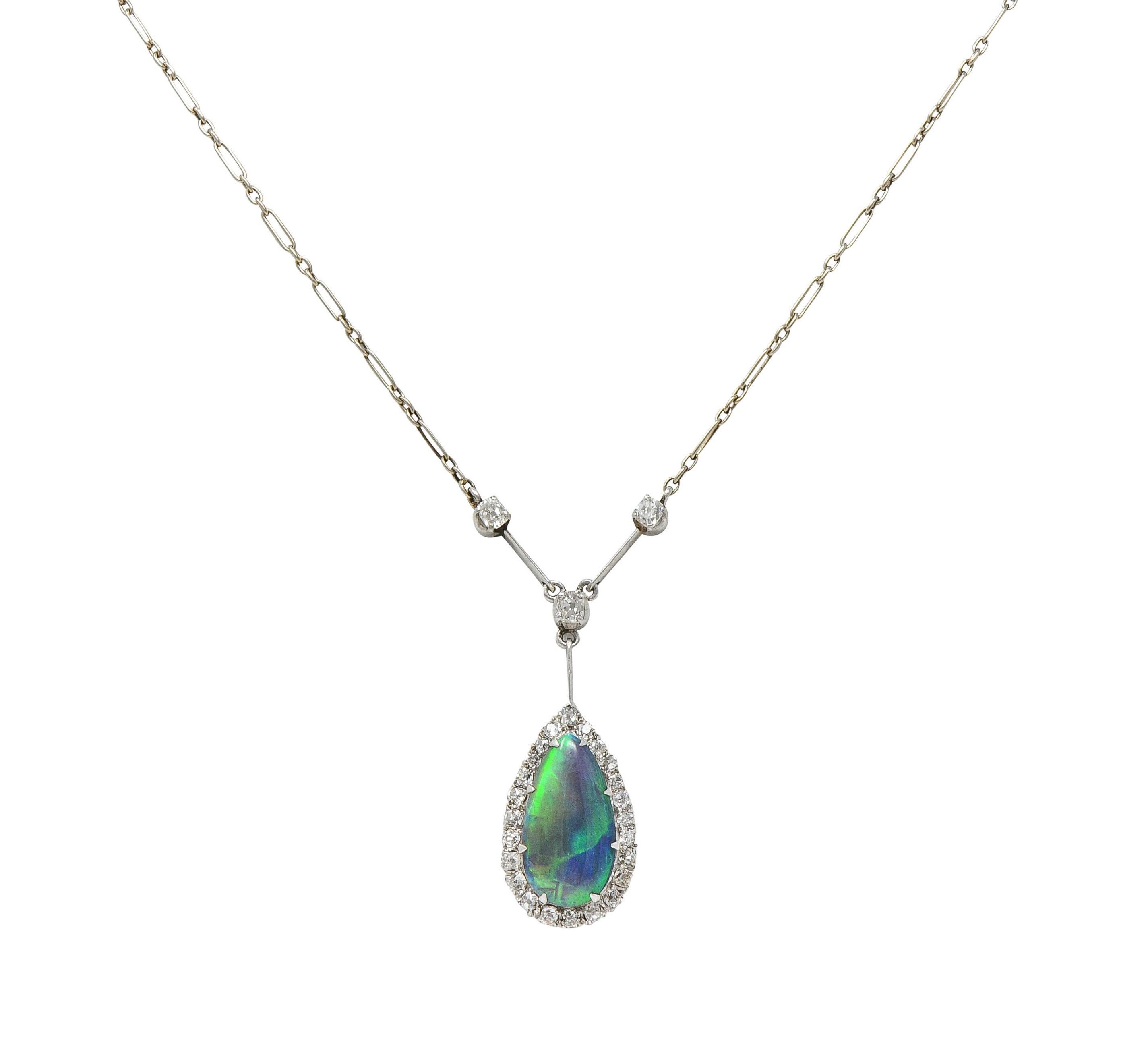 Art Deco Diamond Pear Shaped Black Opal Platinum Vintage Drop Necklace