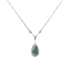 Art Deco Diamond Pear Shaped Black Opal Platinum Vintage Drop Necklace