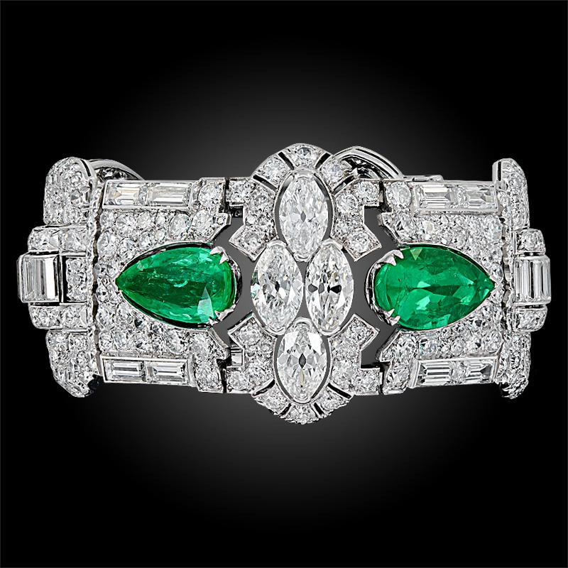 Round Cut Art Deco Diamond Pear-Shaped Emerald Platinum Bracelet