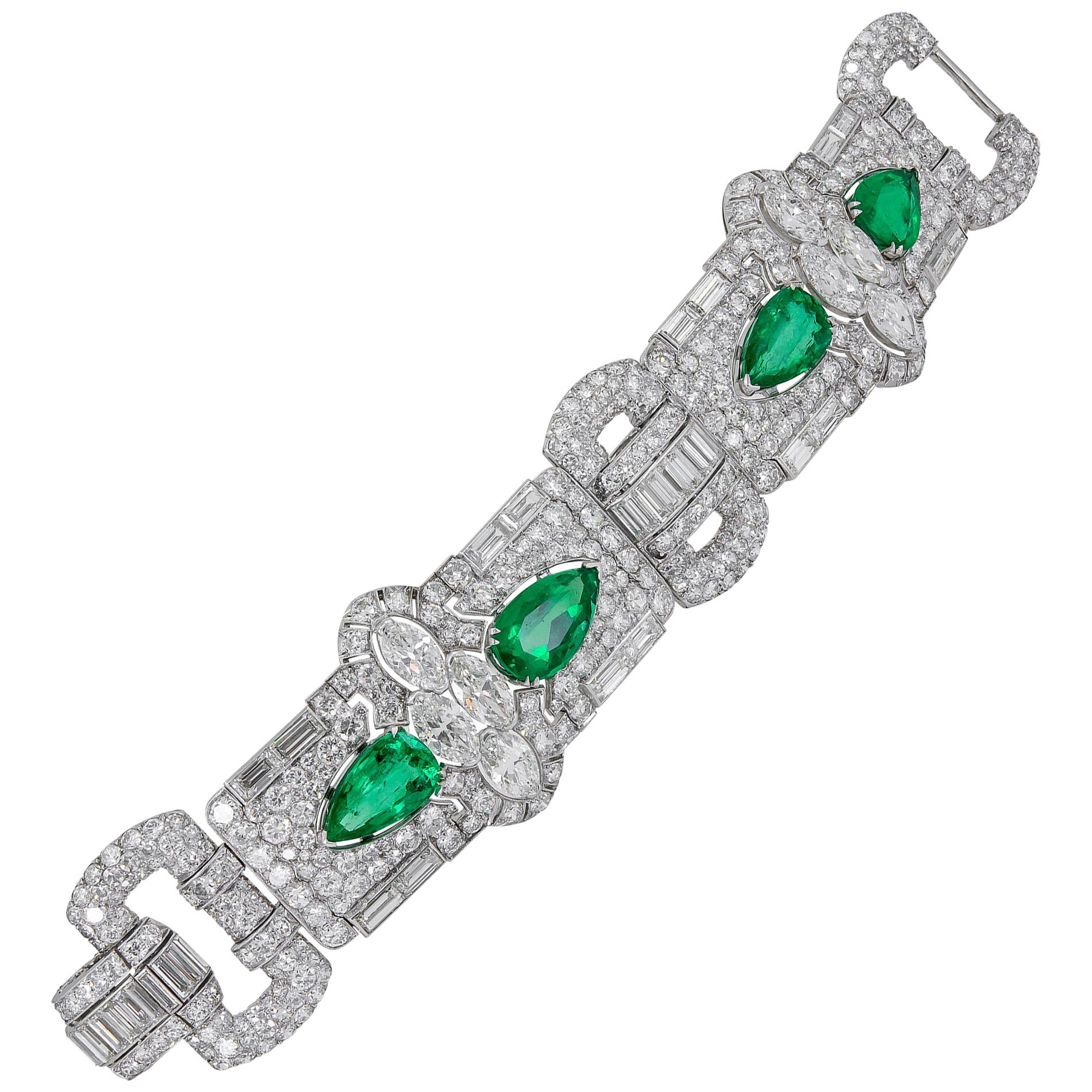Art Deco Diamond Pear-Shaped Emerald Platinum Bracelet