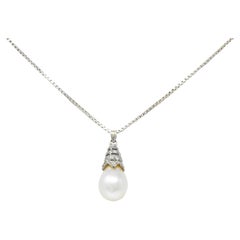Vintage Art Deco Diamond Pearl 14 Karat White Gold Drop Necklace