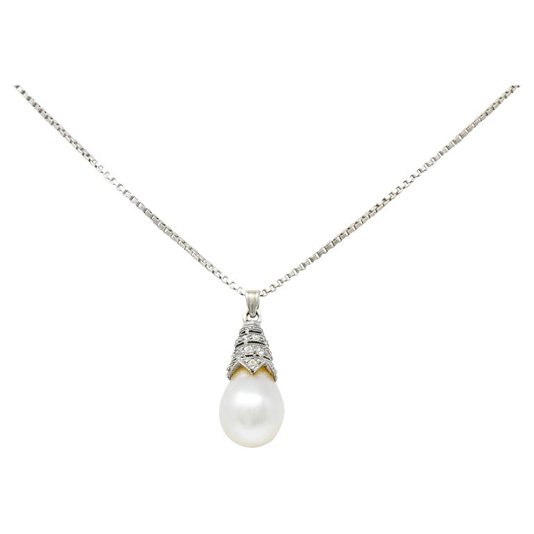 Art Deco Diamond Pearl 14 Karat White Gold Drop Necklace at 1stDibs