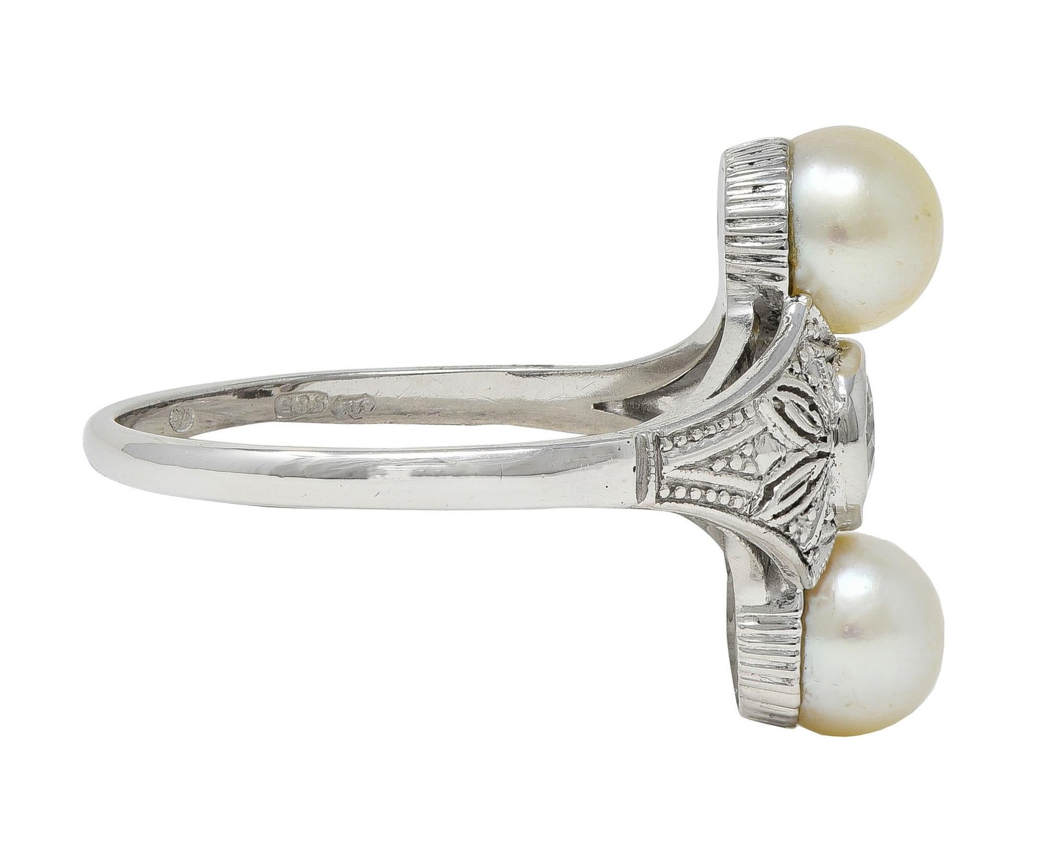 Old European Cut Art Deco Diamond Pearl 14 Karat White Gold Vintage Foliate Navette Dinner Ring For Sale