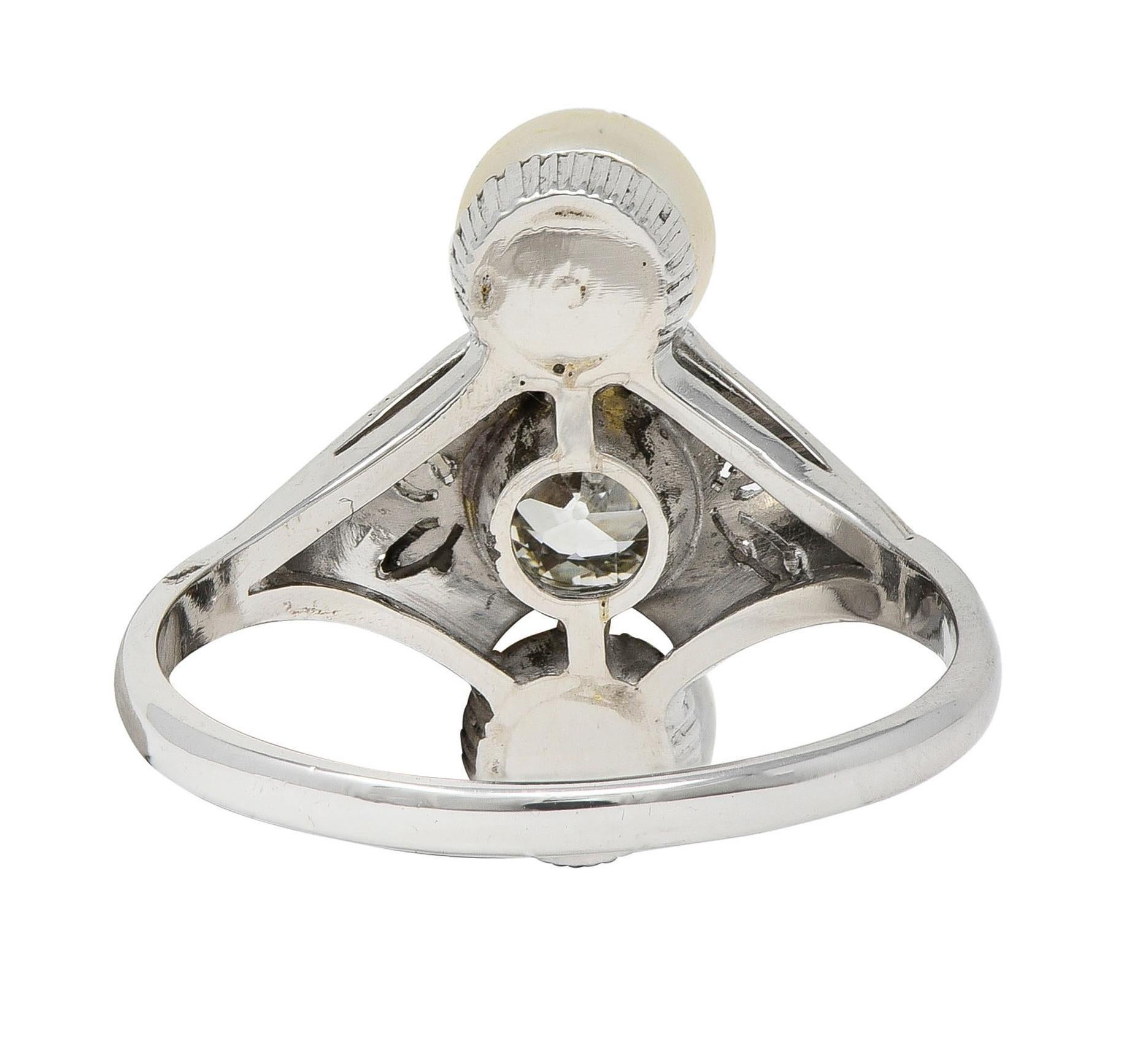 Art Deco Diamond Pearl 14 Karat White Gold Vintage Foliate Navette Dinner Ring In Excellent Condition For Sale In Philadelphia, PA