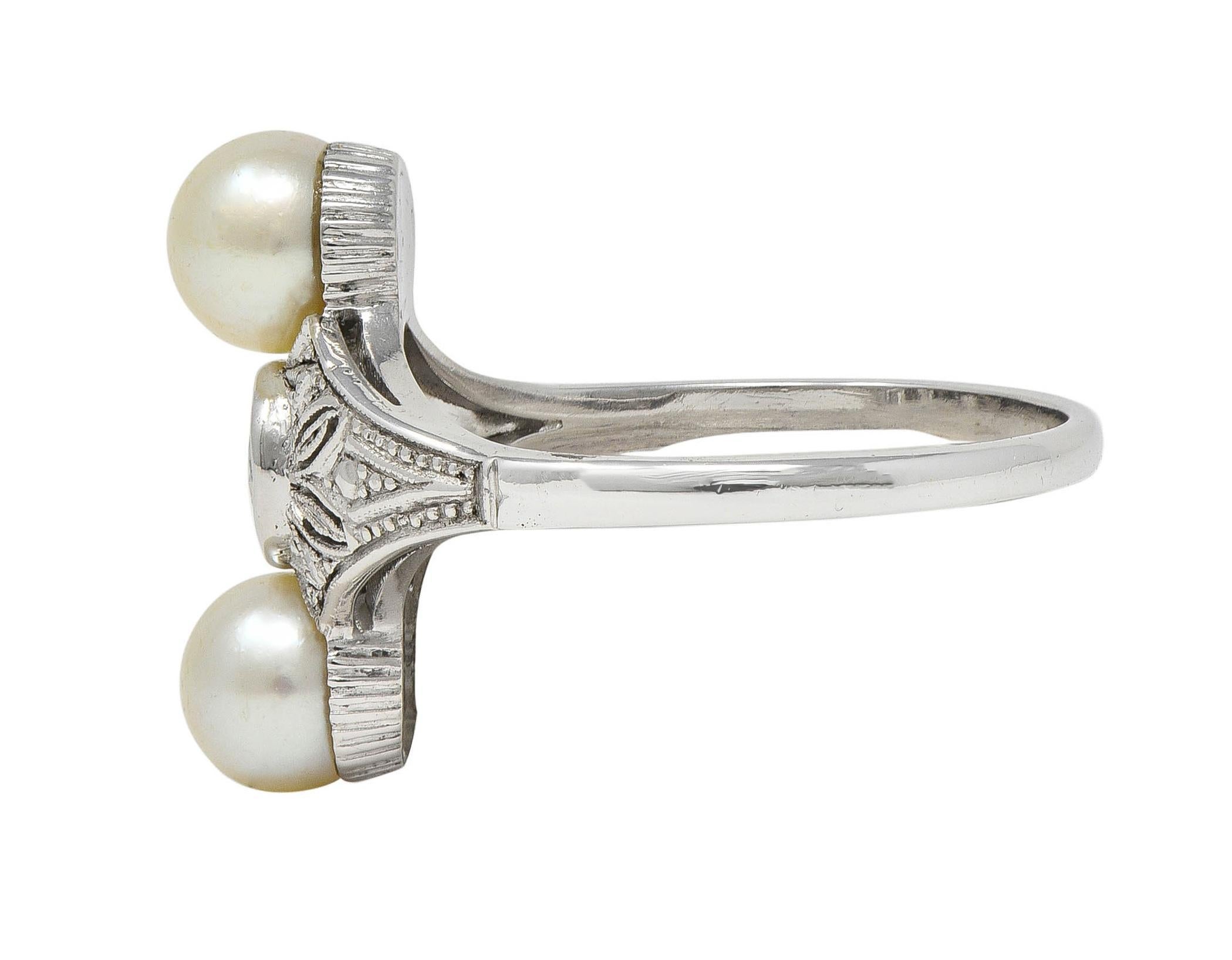 Women's or Men's Art Deco Diamond Pearl 14 Karat White Gold Vintage Foliate Navette Dinner Ring For Sale