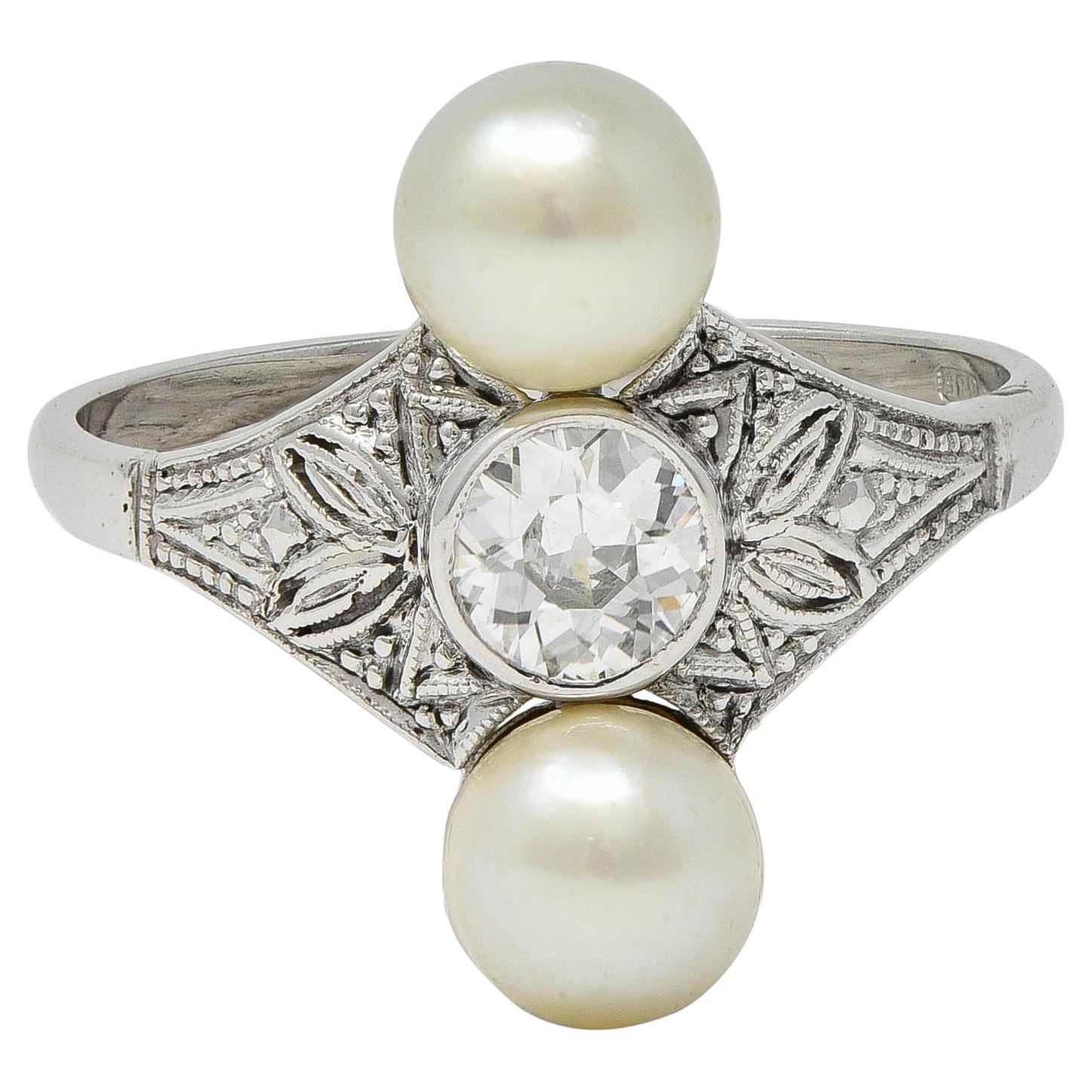 Art Deco Diamond Pearl 14 Karat White Gold Vintage Foliate Navette Dinner Ring