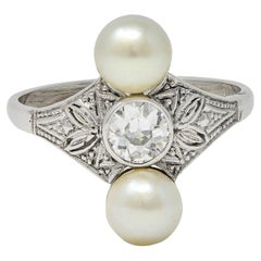 Art Deco Diamond Pearl 14 Karat White Gold Vintage Foliate Navette Dinner Ring