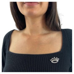 Art Deco Diamond Pearl 18k White Gold Crown Brooch