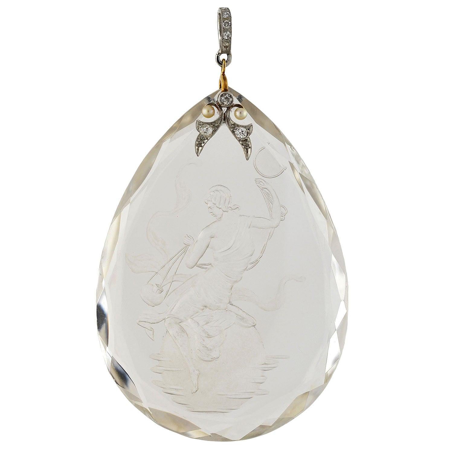 Art Deco Diamond, Pearl and Reverse Carved Rock Crystal Pendant