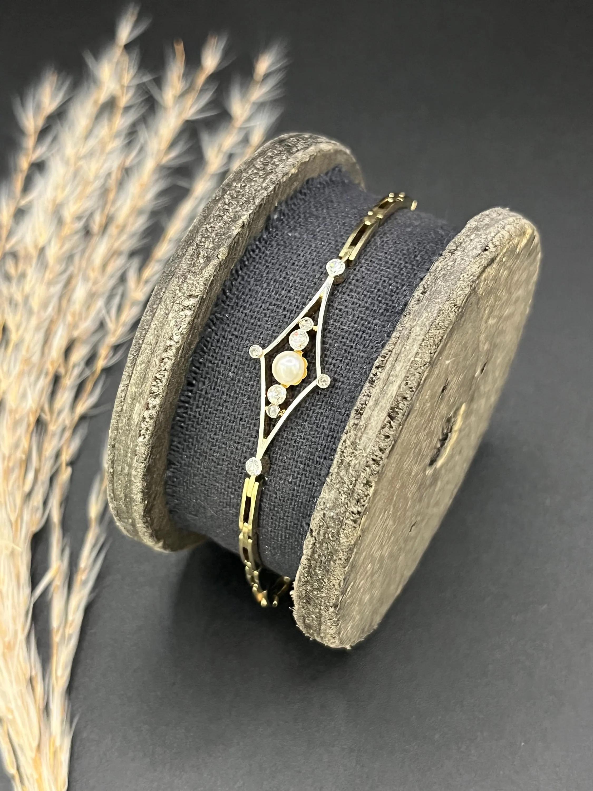 Bracciale Art Deco con diamanti e perle: oro 18 ct.  Platino, Gioielli da sposa, Circa 1920 in vendita 5