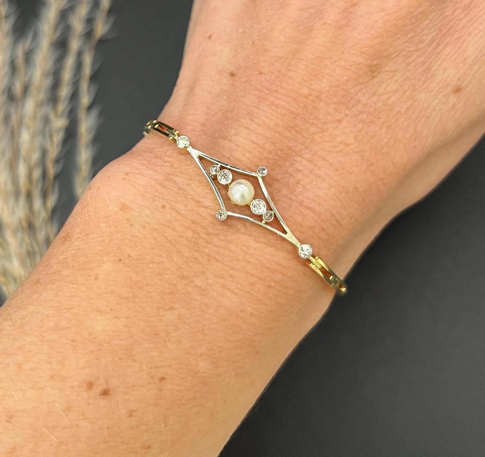 Bracciale Art Deco con diamanti e perle: oro 18 ct.  Platino, Gioielli da sposa, Circa 1920 in vendita 4