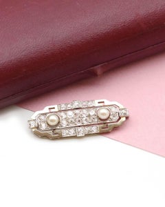 Broche Art Deco diamant perle en or blanc 18 carats