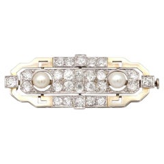 Broche Art Deco diamant perle en or blanc 18 carats