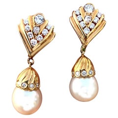 Art Deco Diamond & Pearl Drop Earrings 1.08 Carat, VS1-G