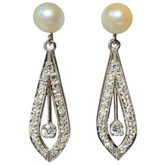 Art Deco Diamond Pearl Earrings 14 Karat White Gold 44 Diamonds Antique