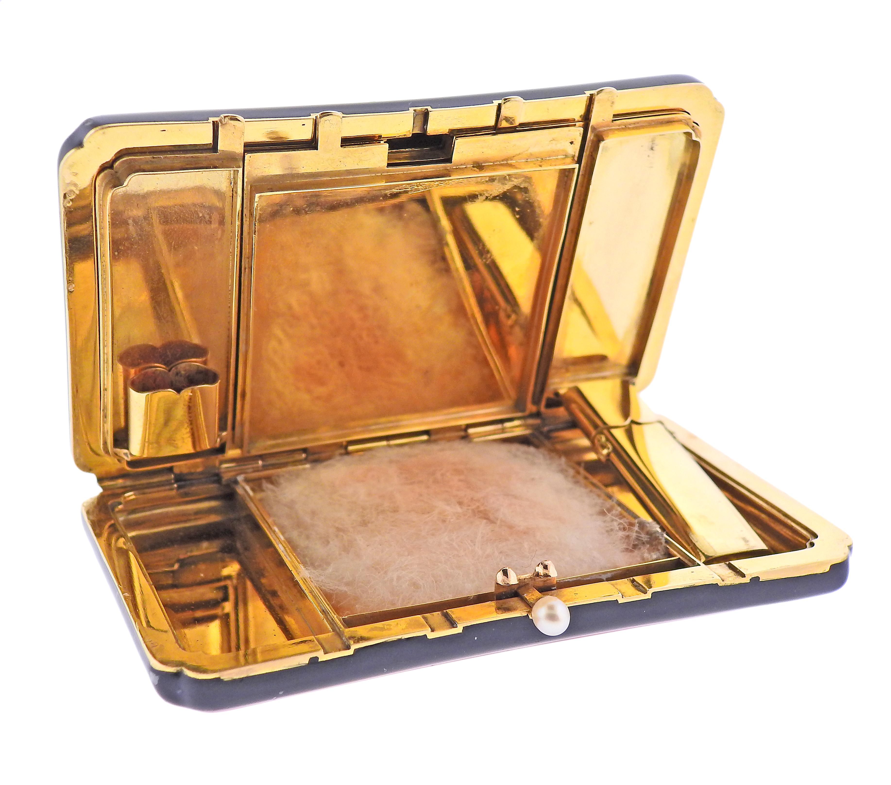 Rose Cut Art Deco Diamond Pearl Enamel Gold Make Up Vanity Case Box For Sale
